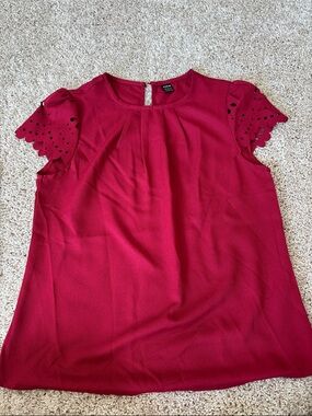 SHEIN Crimson Red Eyelet Scallop Sleeve Blouse